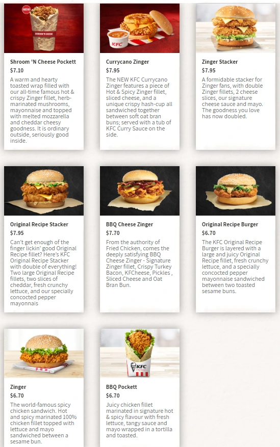 KFC Burgers & Wraps Prices