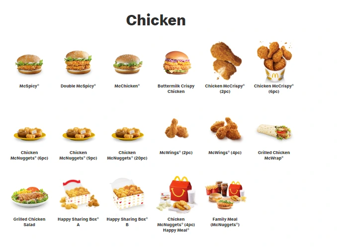 mcdonalds chicken menu